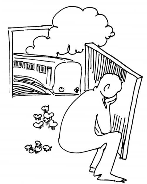 Illustration by Karunakaram Perambra for the poem 'Platform 97' by Malayalam poet Priyavrathan